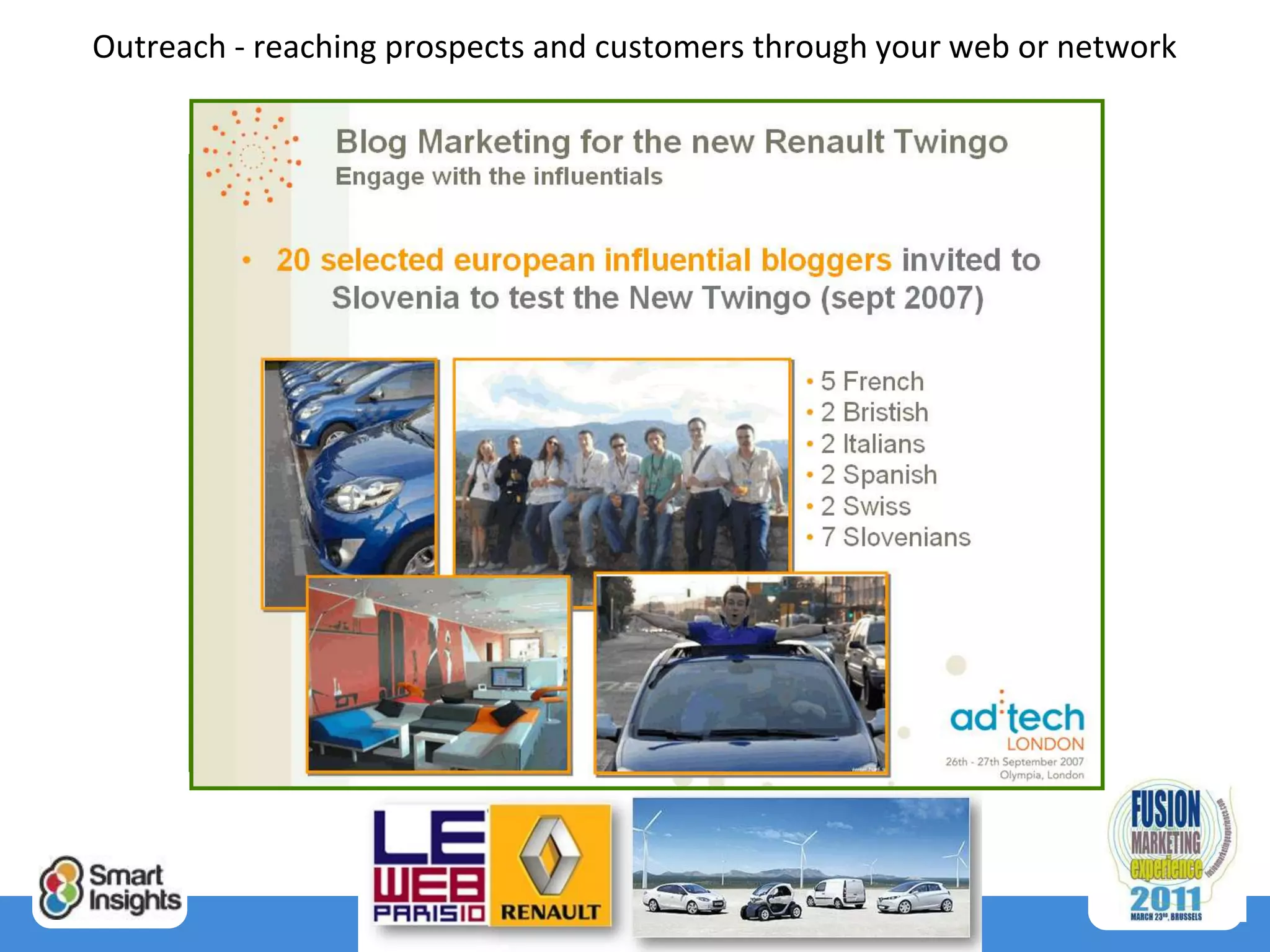 Outreach - reaching prospects and customers through your web or network




                                 35
 