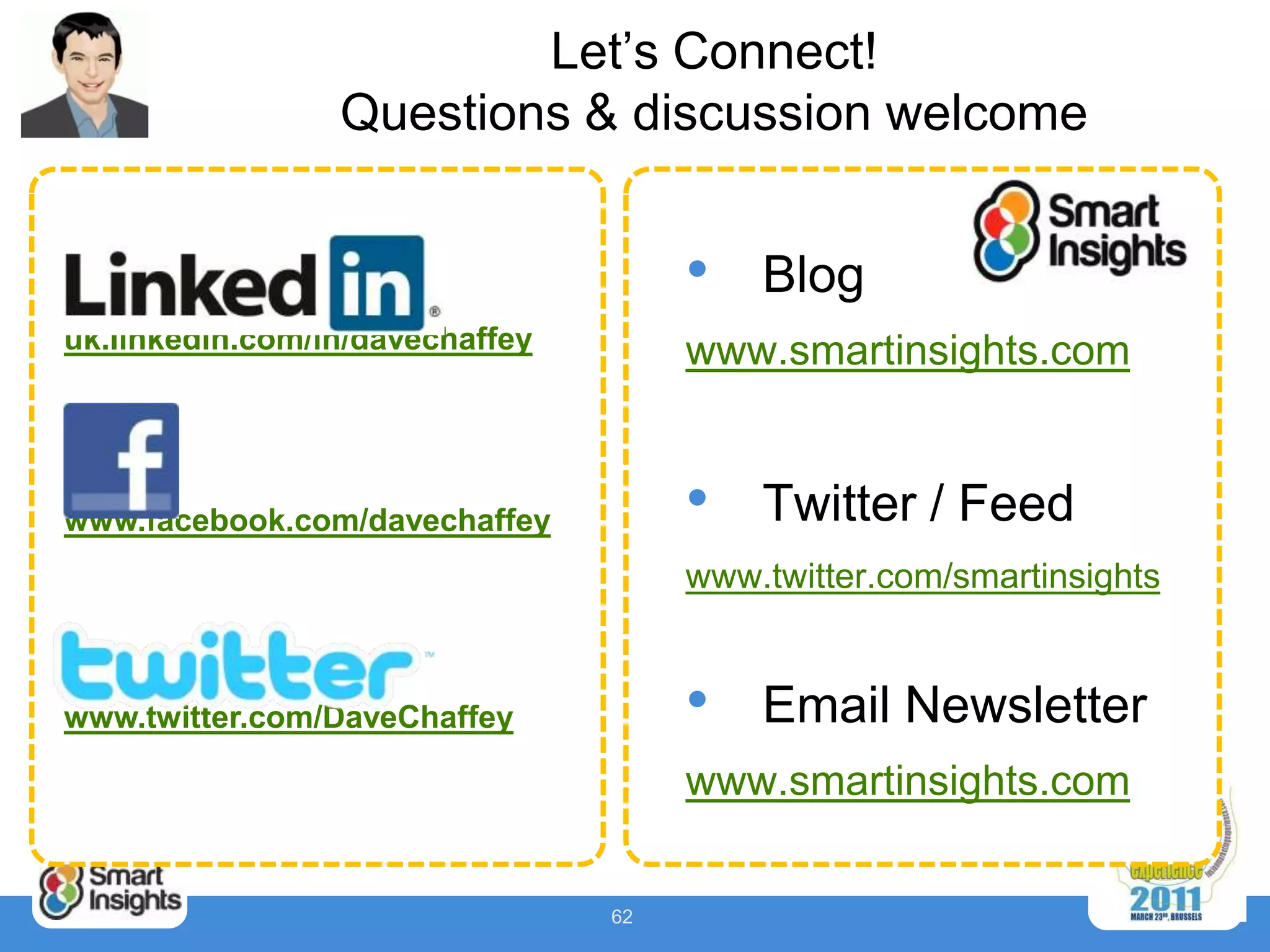 Let’s Connect!
                 Questions & discussion welcome


                                      •   Blog
uk.linkedin.com/in/davechaffey        www.smartinsights.com


www.facebook.com/davechaffey          •   Twitter / Feed
                                      www.twitter.com/smartinsights


www.twitter.com/DaveChaffey           •   Email Newsletter
                                      www.smartinsights.com


                                 62
 