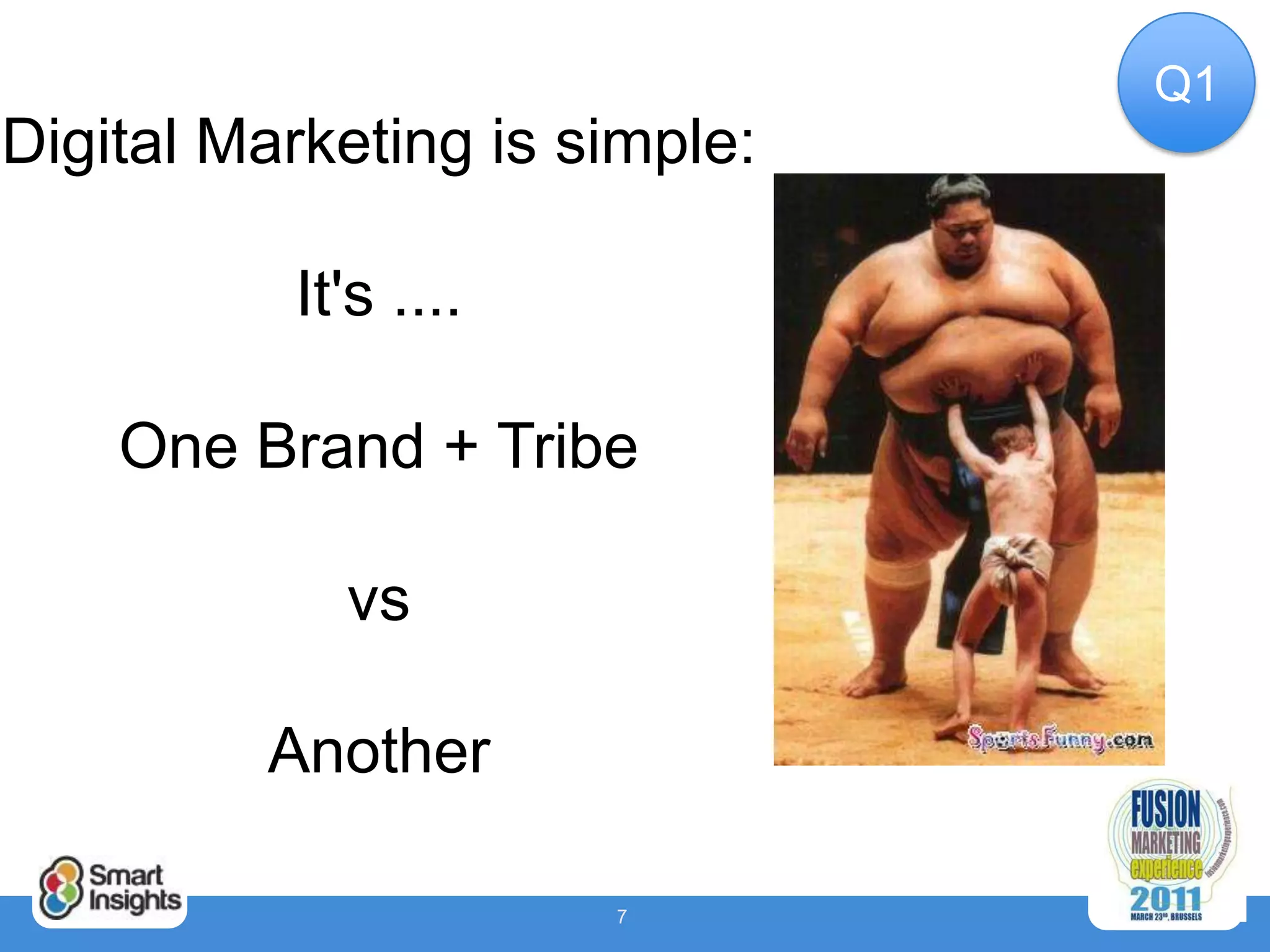 Q1
Digital Marketing is simple:

          It's ....

    One Brand + Tribe

            vs

         Another

                      7
 
