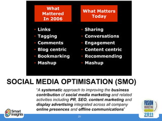 SOCIAL MEDIA OPTIMISATION (SMO)
       “A systematic approach to improving the business
       contribution of social medi...