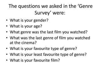 The questions we asked in the ‘Genre
Survey’ were:
• What is your gender?
• What is your age?
• What genre was the last film you watched?
• What was the last genre of film you watched
at the cinema?
• What is your favourite type of genre?
• What is your least favourite type of genre?
• What is your favourite film?
 