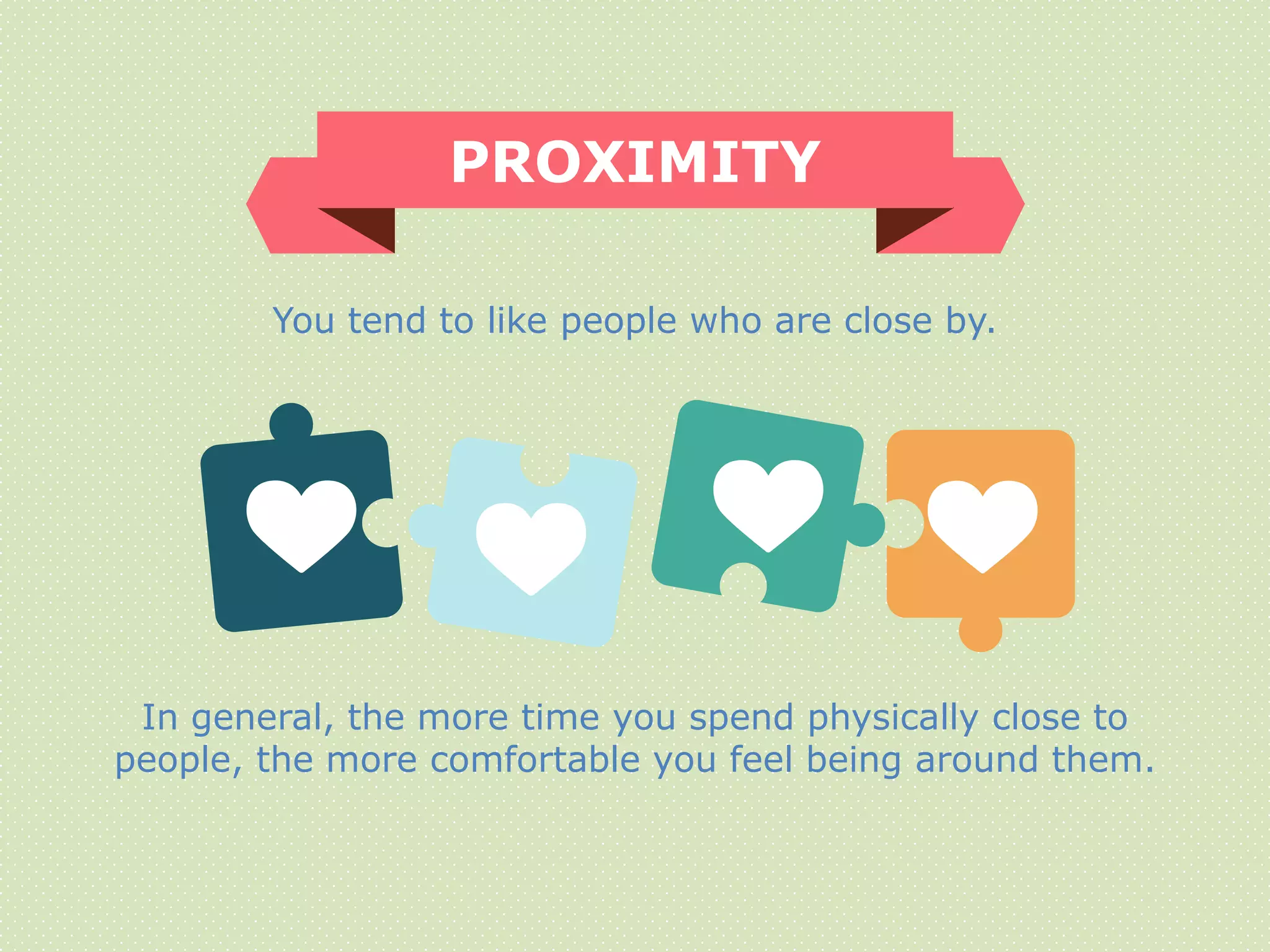You tend to like people who are close by.
PROXIMITY
In general, the more time you spend physically close to
people, the more comfortable you feel being around them.
 