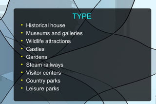TYPE










Historical house
Museums and galleries
Wildlife attractions
Castles
Gardens
Steam railways
Visitor centers
Country parks
Leisure parks

 