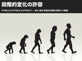 段階的変化の許容
HTML4/XHTMLからHTML5へ - 前方/後方互換性の維持(革新より発展)
 