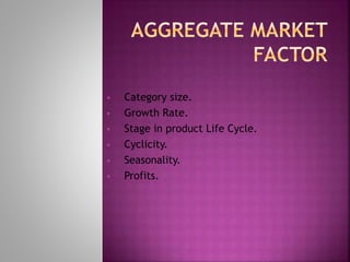  Category size.
 Growth Rate.
 Stage in product Life Cycle.
 Cyclicity.
 Seasonality.
 Profits.
 