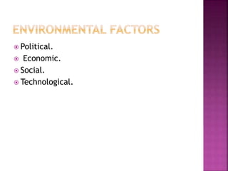  Political.
 Economic.
 Social.
 Technological.
 