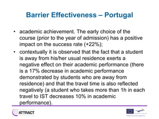 Barrier Effectiveness – Portugal

• academic achievement. The early choice of the
  course (prior to the year of admission) has a positive
  impact on the success rate (+22%);
• contextually it is observed that the fact that a student
  is away from his/her usual residence exerts a
  negative effect on their academic performance (there
  is a 17% decrease in academic performance
  demonstrated by students who are away from
  residence) and that the travel time is also reflected
  negatively (a student who takes more than 1h in each
  travel to IST decreases 10% in academic
  performance).
 