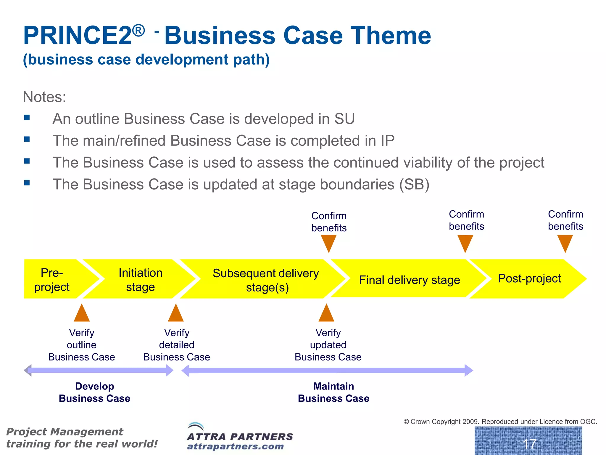 PRINCE2® - Business Case Theme
   (business case development path)

   Notes:
    An outline Business Case is developed in SU
    The main/refined Business Case is completed in IP
    The Business Case is used to assess the continued viability of the project
    The Business Case is updated at stage boundaries (SB)
                                                             Confirm                         Confirm                       Confirm
                                                             benefits                        benefits                      benefits



      Pre-             Initiation           Subsequent delivery                                             Post-project
                                                                        Final delivery stage
     project             stage                   stage(s)


           Verify               Verify                        Verify
           outline             detailed                      updated
       Business Case        Business Case                 Business Case

            Develop                                          Maintain
         Business Case                                     Business Case

                                                                                © Crown Copyright 2009. Reproduced under Licence from OGC.
Project Management
training for the real world!                                                                                       17
 