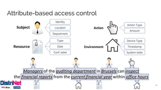 Attribute-based access control
Identity
Location
Department
Type
Date
Conf. label
Action
Action Type
Environment
Device Type
Timestamp
System state
Managers of the auditing department in Brussels can inspect
the financial reports from the current financial year within office hours
Subject
Resource
Amount
11
 