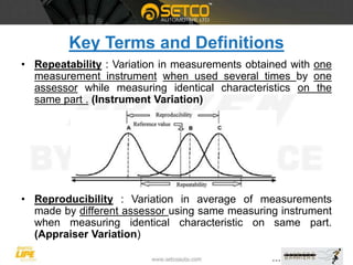 Key Terms and Definitions
• Repeatability : Variation in measurements obtained with one
measurement instrument when used several times by one
assessor while measuring identical characteristics on the
same part . (Instrument Variation)
• Reproducibility : Variation in average of measurements
made by different assessor using same measuring instrument
when measuring identical characteristic on same part.
(Appraiser Variation)
 