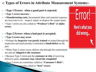  • Type 1 Errors: when a good part is rejected.
 • Type 1 errors increase ‐
 • Manufacturing costs. Incremental labor and material expenses
are necessary to re – inspect, repair, or dispose the suspect parts.
 • Type 1 errors are also called as “Producer’s Risk” or alpha
errors.
 • Type 2 Errors: when a bad part is accepted.
 • Type 2 errors may occur
 • Perhaps the inspector was poorly trained or rushed through the
inspection and inadvertently overlooked a Small defect on the
part.
 • When Type 2 errors occur, defects slip through the containment
net and are shipped to the customer.
 • Because Type 2 errors put the customer at risk of receiving
defective parts; customer may raised the complaint!
 • Type 2 errors are sometimes called as “Consumer’s Risk”.
 • Type 2 errors are also called as “beta” errors.
 