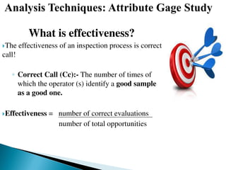 What is effectiveness?
The effectiveness of an inspection process is correct
call!
◦ Correct Call (Cc):- The number of times of
which the operator (s) identify a good sample
as a good one.
Effectiveness = number of correct evaluations
number of total opportunities
 