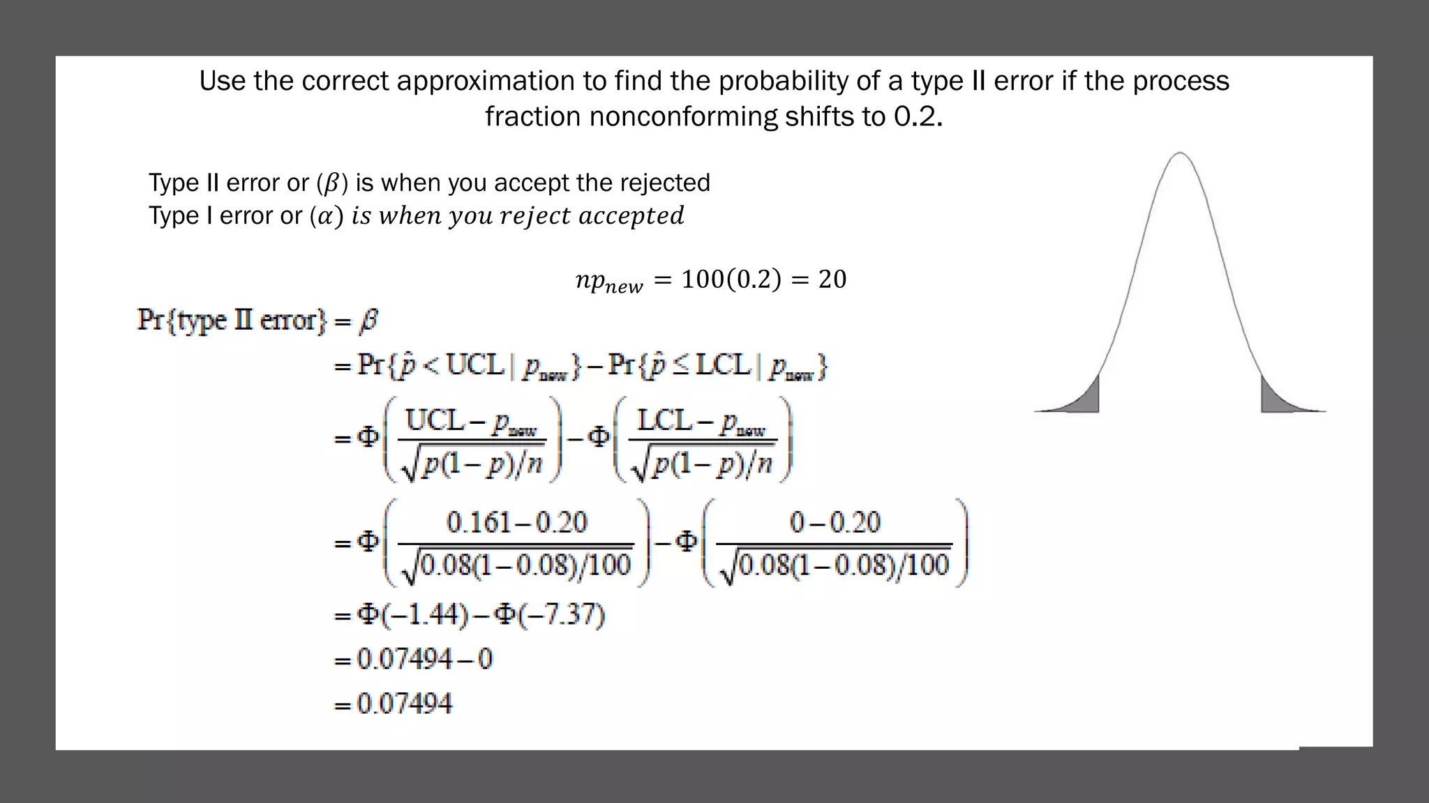 Use the correct approximation to find the probability of a type II error if the process
fraction nonconforming shifts to 0.2.
Type II error or (𝛽) is when you accept the rejected
Type I error or (𝛼) 𝑖𝑠 𝑤ℎ𝑒𝑛 𝑦𝑜𝑢 𝑟𝑒𝑗𝑒𝑐𝑡 𝑎𝑐𝑐𝑒𝑝𝑡𝑒𝑑
𝑛𝑝()* = 100 0.2 = 20
 