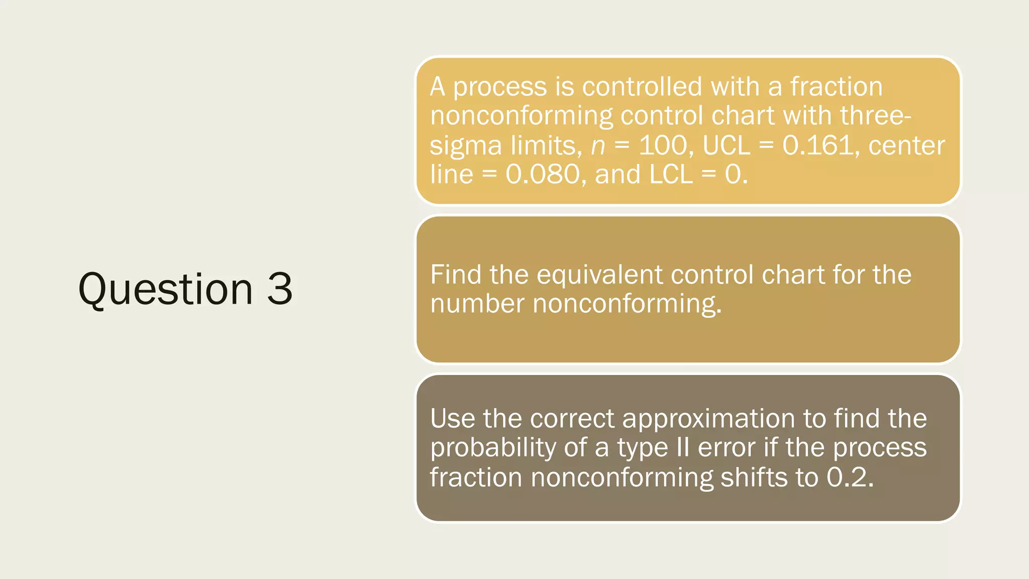 Question 3
A process is controlled with a fraction
nonconforming control chart with three-
sigma limits, n = 100, UCL = 0.161, center
line = 0.080, and LCL = 0.
Find the equivalent control chart for the
number nonconforming.
Use the correct approximation to find the
probability of a type II error if the process
fraction nonconforming shifts to 0.2.
 
