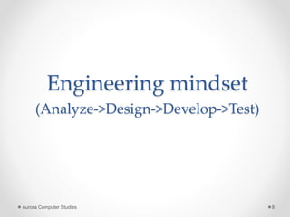 Engineering mindset
(Analyze->Design->Develop->Test)
Aurora Computer Studies 8
 