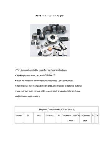 Attributes of Alnico magnet
• Very temperature stable, great for high heat applications
• Working temperature can reach 550-600 °C
• Does not lend itself to conventional machining (hard and brittle)
• High residual induction and energy product compared to ceramic material
• Low coercive force compared to ceramic and rare earth materials (more
subject to demagnetization)
Magnetic Characteristic of Cast AlNiCo
Grade Br Hcj (BH)max D Equivalent MMPA
Class
%Change
perC
Tc Tw
 