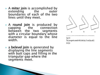  A miter join is accomplished by
extending the outer
boundaries of each of the two
lines until they meet.
 A round join is produced by
capping the connection
between the two segments
with a circular boundary whose
diameter is equal to the line
width.
 a belevel join is generated by
displaying the line segments
with butt caps and filling in the
triangular gap where the
segments meet.
 