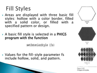  Areas are displayed with three basic fill
styles: hollow with a color border, filled
with a solid color, or filled with a
specified pattern or design.
 A basic fill style is selected in a PHIGS
program with the function
 Values for the fill-style parameter fs
include hollow, solid, and pattern.
 