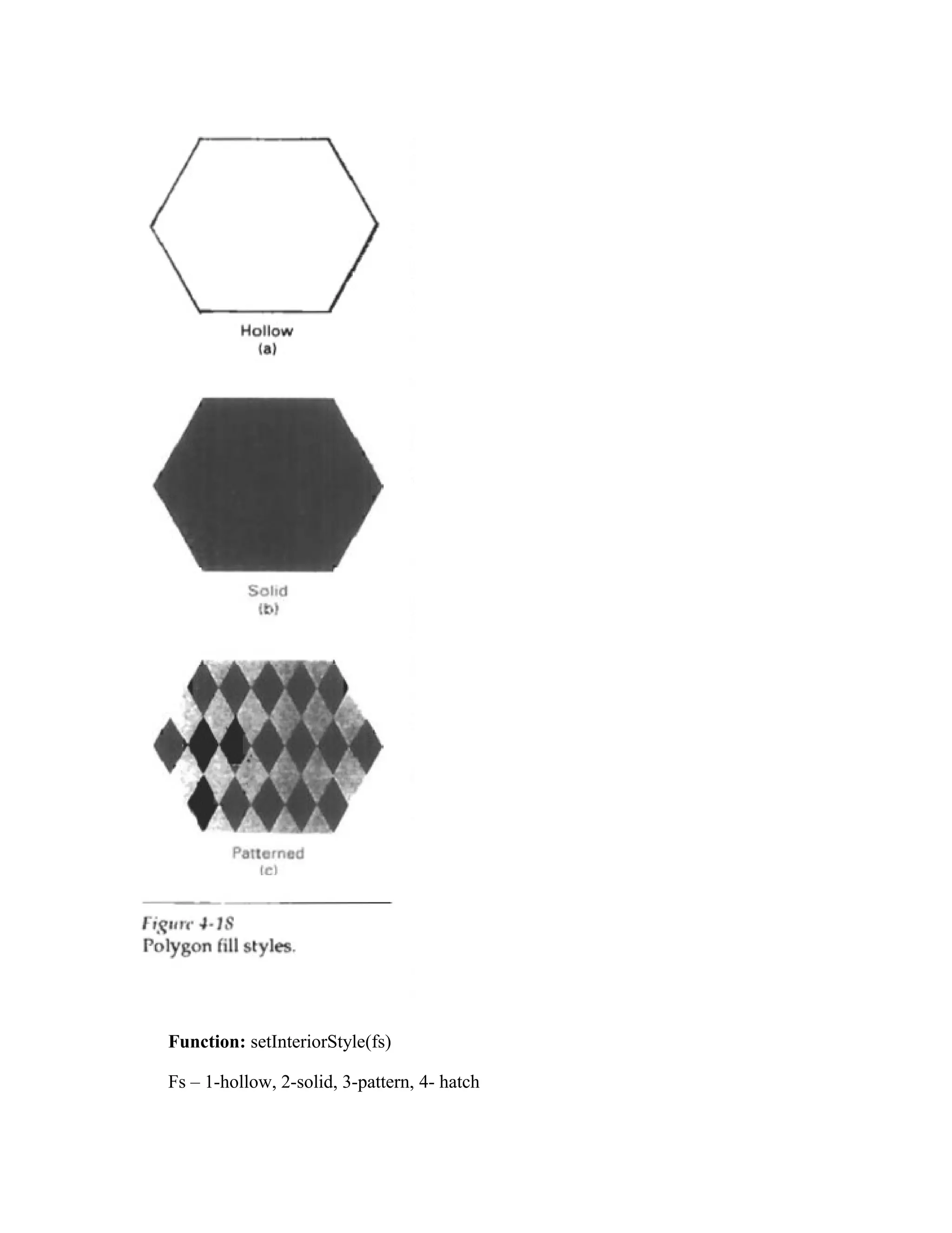 Function: setInteriorStyle(fs)
Fs – 1-hollow, 2-solid, 3-pattern, 4- hatch
 