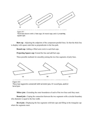 Butt cap : Adjusting the endpoints of the component parallel lines. So that the thick line
is display with square ends that as perpendicular to the line path.
Round cap: Adding a filled semi circle to each butt caps.
Projecting Square cap: Extend the line and add butt caps.
Three possible methods for smoothly joining the two line segments of poly lines.
Mitter join : Extending the outer boundaries of each of the two lines until they meet.
Round join : Caping the connection between the two segments with a circular boundary
who diameter is equal to the line width.
Bevel join : Displaying the line segments with butt caps and filling in the triangular cap
where the segments meet.
 