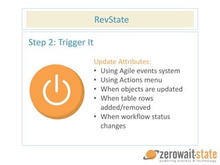 RevState
Step 2: Trigger It
Update Attributes:
• Using Agile events system
• Using Actions menu
• When objects are updated
• When table rows
added/removed
• When workflow status
changes
 