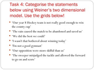 Task 4: Categorise the statements below using Weiner’s two dimensional model. Use the grids below! ‘ Our year 8 Hockey team is not really good enough to win the county cup’ ‘ The rain caused the match to be abandoned and saved us’ ‘ We did the best we could’ ‘ I wasn't that bothered about winning today’ ‘ I'm not a good gymnast’ ‘ Our opposition were more skilful than us’ ‘ The sweeper misjudged the tackle and allowed the forward to go on and score’ 