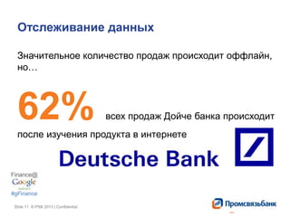 Slide 11 © PSB 2013 | ConfidentialSlide 11 © PSB 2013 | Confidential
Отслеживание данных
Значительное количество продаж происходит оффлайн,
но…
62% всех продаж Дойче банка происходит
после изучения продукта в интернете
 