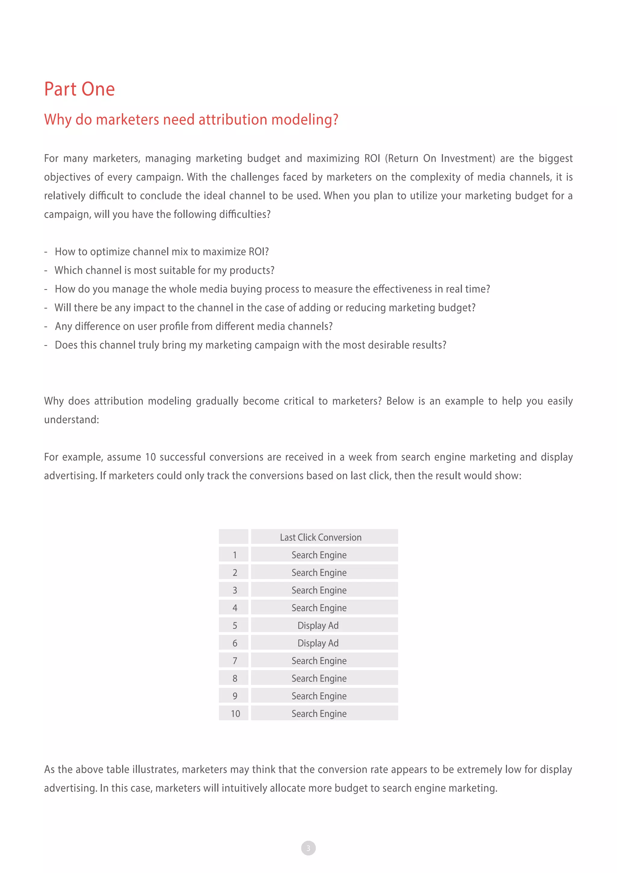 Part One
Why do marketers need attribution modeling?
For many marketers, managing marketing budget and maximizing ROI (Return On Investment) are the biggest
objectives of every campaign. With the challenges faced by marketers on the complexity of media channels, it is
relatively difficult to conclude the ideal channel to be used. When you plan to utilize your marketing budget for a
campaign, will you have the following difficulties?
- How to optimize channel mix to maximize ROI?
- Which channel is most suitable for my products?
- How do you manage the whole media buying process to measure the effectiveness in real time?
- Will there be any impact to the channel in the case of adding or reducing marketing budget?
- Any difference on user profile from different media channels?
- Does this channel truly bring my marketing campaign with the most desirable results?

Why does attribution modeling gradually become critical to marketers? Below is an example to help you easily
understand:
For example, assume 10 successful conversions are received in a week from search engine marketing and display
advertising. If marketers could only track the conversions based on last click, then the result would show:

Last Click Conversion
1

Search Engine

2

Search Engine

3

Search Engine

4

Search Engine

5

Display Ad

6

Display Ad

7

Search Engine

8

Search Engine

9

Search Engine

10

Search Engine

As the above table illustrates, marketers may think that the conversion rate appears to be extremely low for display
advertising. In this case, marketers will intuitively allocate more budget to search engine marketing.

3

 