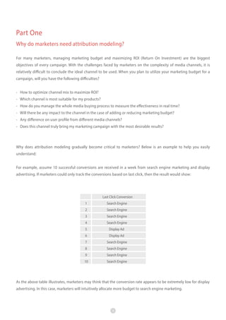 Part One
Why do marketers need attribution modeling?
For many marketers, managing marketing budget and maximizing ROI (Return On Investment) are the biggest
objectives of every campaign. With the challenges faced by marketers on the complexity of media channels, it is
relatively difficult to conclude the ideal channel to be used. When you plan to utilize your marketing budget for a
campaign, will you have the following difficulties?
- How to optimize channel mix to maximize ROI?
- Which channel is most suitable for my products?
- How do you manage the whole media buying process to measure the effectiveness in real time?
- Will there be any impact to the channel in the case of adding or reducing marketing budget?
- Any difference on user profile from different media channels?
- Does this channel truly bring my marketing campaign with the most desirable results?

Why does attribution modeling gradually become critical to marketers? Below is an example to help you easily
understand:
For example, assume 10 successful conversions are received in a week from search engine marketing and display
advertising. If marketers could only track the conversions based on last click, then the result would show:

Last Click Conversion
1

Search Engine

2

Search Engine

3

Search Engine

4

Search Engine

5

Display Ad

6

Display Ad

7

Search Engine

8

Search Engine

9

Search Engine

10

Search Engine

As the above table illustrates, marketers may think that the conversion rate appears to be extremely low for display
advertising. In this case, marketers will intuitively allocate more budget to search engine marketing.

3

 