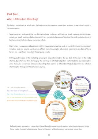 Part Two
What is Attribution Modelling?
Attribution modeling is a set of rules that determines the sales or conversions assigned to each touch point in
conversion paths.

- Savvy marketers understand that you don’t attract your customers with just one simple message, just one image,
or just one ideally positioned advertisement. It is a complicated process of planting the seed, nurturing it and at
last harvesting the fruits of your marketing efforts.

- Right before your customers buy or convert, they may encounter various parts of your online marketing campaign
including paid and organic search, email, affiliate marketing, display ads, mobile placements, etc. Each of these
factors has a significant impact on the campaign results.

- In the past, the value of the marketing campaign is only determined by the last click of the users in the media
channel. But when you think thoroughly, the user may be affected not just on his/her last click but also in other
areas during the conversion. Attribution Modeling offers a series of different methods to determine the role that
channels play throughout the conversion journey.

Day 1: User views ad on website............................................................................
Cause
Day 2: User search for “smartphone”......................................................................................................
Promote
Day 4: User clicks on Banner Ad....................................................................
Promote
Day 35: User sees a video ad of a smartphone brand..........................................................................
Promote
20 mins later: User searches for that smartphone brand...........................
conversion

Before the user completes a conversion, they will usually encounter with various advertisements many times.
Some media channels help to expose the ad to the users, while others may use to assist conversion.
6

 
