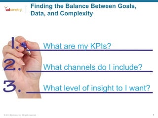 Finding the Balance Between Goals,
Data, and Complexity

What are my KPIs?
What channels do I include?
What level of insight to I want?

© 2014 Adometry, Inc. All rights reserved.

7

 