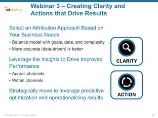 Webinar 3 – Creating Clarity and
Actions that Drive Results
•Select an Attribution Approach Based on
Your Business Needs
• Balance model with goals, data, and complexity
• More accurate (data-driven) is better

•Leverage the Insights to Drive Improved
Performance

CLARITY

• Across channels
• Within channels

•Strategically move to leverage predictive
optimization and operationalizing results

© 2014 Adometry, Inc. All rights reserved.

ACTION

10

 