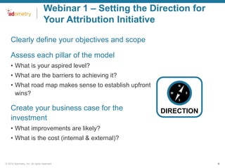Webinar 1 – Setting the Direction for
Your Attribution Initiative
•Clearly define your objectives and scope
•Assess each pillar of the model
• What is your aspired level?
• What are the barriers to achieving it?

• What road map makes sense to establish upfront
wins?

•Create your business case for the
investment

DIRECTION

• What improvements are likely?
• What is the cost (internal & external)?

© 2014 Adometry, Inc. All rights reserved.

8

 