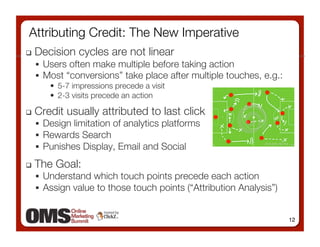 Attributing Credit: The New Imperative
    Decision cycles are not linear
       Users often make multiple before taking action
       Most “conversions” take place after multiple touches, e.g.:
        •  5-7 impressions precede a visit 
        •  2-3 visits precede an action 

    Credit usually attributed to last click
       Design limitation of analytics platforms
       Rewards Search
       Punishes Display, Email and Social

    The Goal: 
       Understand which touch points precede each action
       Assign value to those touch points (“Attribution Analysis”)


                                                                       12
 
