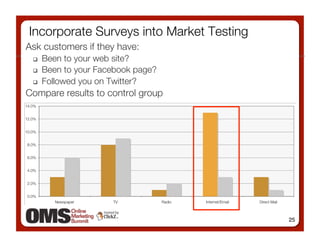 Incorporate Surveys into Market Testing
Ask customers if they have:
     Been to your web site?
     Been to your Facebook page?
     Followed you on Twitter?
Compare results to control group




                                           25
 