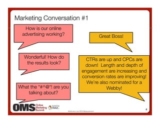 Marketing Conversation #1
   How is our online
  advertising working?
                                      Great Boss!



   Wonderful! How do
                                            CTRs are up and CPCs are
    the results look?
                                           down! Length and depth of
                                          engagement are increasing and
                                          conversion rates are improving!
                                            We’re also nominated for a
 What the *#^@*! are you                             Webby!
     talking about?


                                                                            4
                          Attribution and ROI Measurement
 