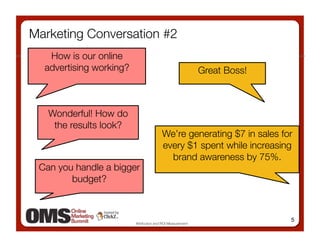 Marketing Conversation #2
   How is our online
  advertising working?
                                      Great Boss!



   Wonderful! How do
    the results look?
                                         We’re generating $7 in sales for
                                         every $1 spent while increasing
                                           brand awareness by 75%.
 Can you handle a bigger
        budget?



                                                                            5
                          Attribution and ROI Measurement
 