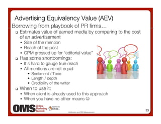 Advertising Equivalency Value (AEV)
Borrowing from playbook of PR ﬁrms…
     Estimates value of earned media by comparing...