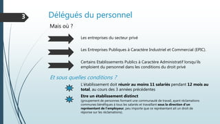Délégués du personnel3
Mais où ?
Les entreprises du secteur privé
Les Entreprises Publiques à Caractère Industriel et Commercial (EPIC).
Et sous quelles conditions ?
Certains Etablissements Publics à Caractère Administratif lorsqu'ils
emploient du personnel dans les conditions du droit privé
L'établissement doit réunir au moins 11 salariés pendant 12 mois au
total, au cours des 3 années précédentes
Etre un établissement distinct
(groupement de personnes formant une communauté de travail, ayant réclamations
communes bénéfiques à tous les salariés et travaillant sous la direction d'un
représentant de l'employeur, peu importe que ce représentant ait un droit de
réponse sur les réclamations).
 