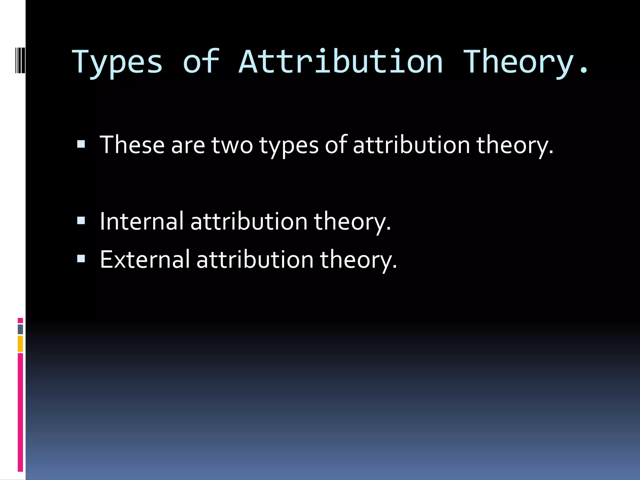 Types of Attribution Theory.
These are two types of attribution theory.
Internal attribution theory.
External attribution theory.