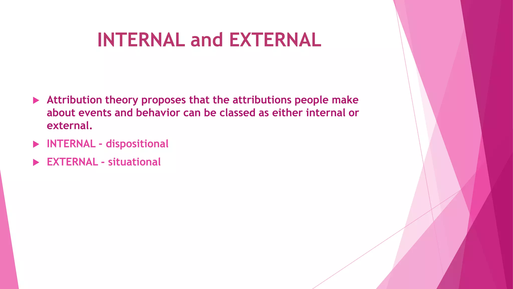 INTERNAL and EXTERNAL
 Attribution theory proposes that the attributions people make
about events and behavior can be classed as either internal or
external.
 INTERNAL - dispositional
 EXTERNAL - situational
 