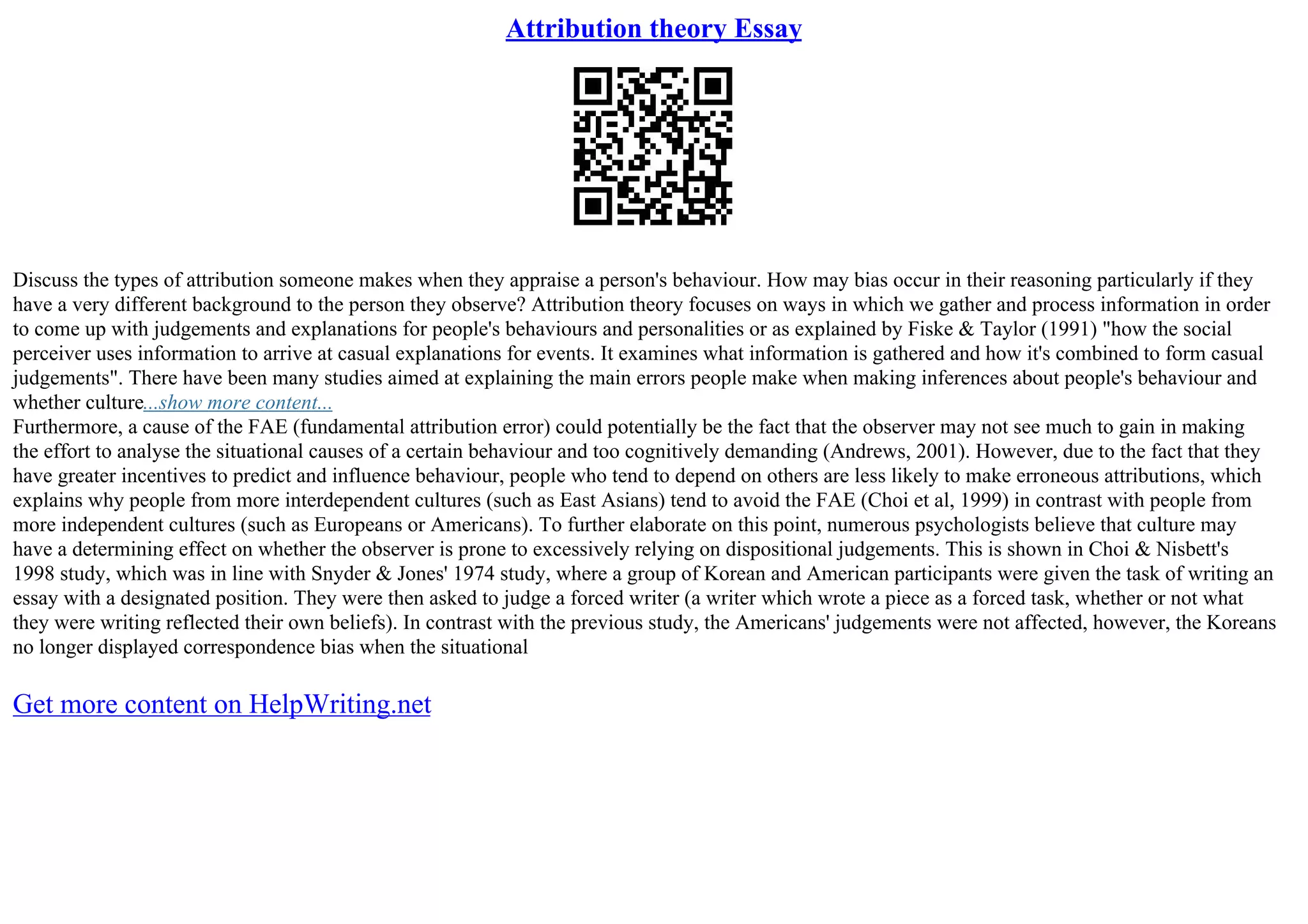 Attribution Theory Essay | PDF