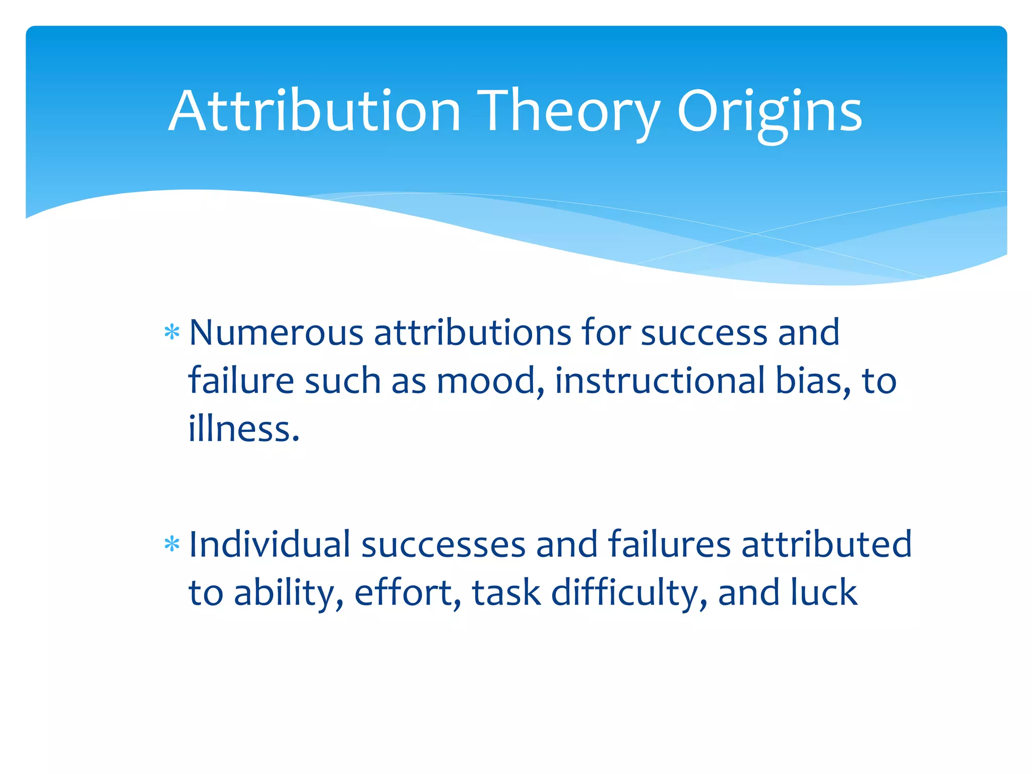 Numerous attributions for success and
failure such as mood, instructional bias, to
illness.
Individual successes and failures attributed
to ability, effort, task difficulty, and luck
Attribution Theory Origins
 