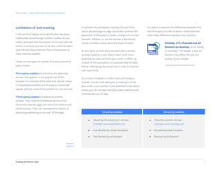 12Getting attribution right
Limitations of web tracking
In the world of digital, most identification has been
traditionally done through cookies. Cookies let you
collect and store the interactions of the user with the
brand. As a result you have to be very careful to place
(and refresh) these little text files in the browser as
many times as possible.
There are two types of cookies: first-party and third-
party cookies.
First-party cookies are placed by the advertiser
domain that appears in the address bar of the
browser. For example, if the advertiser domain name
is https://www.example.com, first-party cookies will
appear with the name of this domain (or sub-domain).
Third-party cookies are placed by another
domain. They come from different servers from
those that host the page and come from diverse and
varied sources. They can correspond to objects or
advertising appearing on any part of the page.
To prevent the permanent tracking of a user from
site to site and page to page, ad blockers prevent the
placement of third-party cookies coming from certain
domains. Whether or not the domain is blacklisted,
certain browsers simply block this type of cookie.
As first party cookies are associated with a domain
actually visited by a user, they’re seen much more
positively by users and third party tools. In effect, as
a result of this association, it’s assumed that the data
will be collected by the visited site in order to improve
user experience.
As a result, it’s better to collect data via first-party
cookies. Certain tools allow you to track part of the
data under a sub-domain of the advertiser’s site, which
means you can increase first-party data collection and
minimize the loss of data.
It’s useful to measure the differences between first
and third-party in order to better understand the
observable differences between the solutions.
Globally, 21% of people use ad
blockers on desktop, so it’s hardly
an anomaly*. The danger is that ad
blockers may affect the size and
quality of your sample.
Part three - Data collection and reconciliation
1st party cookies 3rd party cookies
•	 Placed by the advertiser’s domain
Example: www.advertiser.com
•	 Not blocked by certain browsers
•	 Not blocked by ad blockers
•	 Placed by another domain
Example: www.tracking.com
•	 Blocked by some browsers
•	 Blocked by ad blockers
Figure 6
* Reuters Institute Digital News Report 2017
 