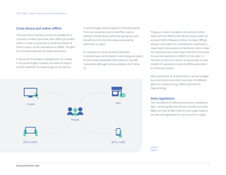 13
Cross-device and online-offline
There are many channels and devices available for a
customer to make a purchase, both offline (purchases
made in a shop or by phone) or online (computer at
home or work, on the smartphone or tablet). The goal
is to reconcile sales with all media interactions.
In the world of browsers, tracking works via cookies.
In the world of apps, however, you need the help of
an IDFA (Identifier for Advertising) for iOS devices,
or AAID (Google Advertising ID) for Android devices.
These are temporary device identifiers used to
identify a mobile device (while also giving end users
the ability to limit the information accessed by
advertisers or apps).
It’s necessary to reconcile those identifiers.
In certain cases, reconciliation is done using encrypted
PII (Personally Identifiable Information) or by CRM
onboarders (although certain publishers don’t allow
it).
Finally, you need to be able to reconcile the online
world with the offline world. Better known under the
acronym ROPO (Research Online, Purchase Offline),
taking in-store sales into consideration constitutes a
major step in the evolution of attribution. But to make
this connection you need a key in the form of an email
on one side matched to a CRM ID on the other. In
real time, by Server-to-Server, or periodically, by data
transfer, it’s possible to reconcile offline sales within
an attribution system.
Rest assured that all of these factors can be managed
by an attribution tool which reconciles the different
paths via a unique ID (e.g. CRM ID, personal ID,
fingerprinting).
Data regulations
The raw material of effective attribution marketing is
data – including data that the law considers personal.
Make sure that all data collection and usage respects
the laws and regulations for each country or region.
Part three - Data collection and reconciliation
Getting attribution right
Figure 7
Cookie Mail
People
IDFA / AAID IDFA / AAID
 