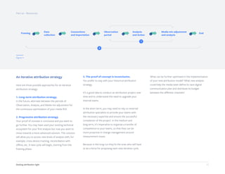 21Getting attribution right
An iterative attribution strategy
Here are three possible approaches for an iterative
attribution strategy:
1. Long-term attribution strategy.
In the future, alternate between the periods of
Observation, Analysis, and Media mix adjustment for
the continuous optimization of your media ROI.
2. Progressive attribution strategy.
Your proof of concept is conclusive and you want to
go further. You may have used your existing technical
ecosystem for your first analysis but now you want to
move towards a more advanced solution. This solution
will allow you to access new levels of analysis with, for
example, cross-device tracking, reconciliation with
offline, etc. A new cycle will begin, starting from the
framing phase.
3. The proof of concept is inconclusive.
You prefer to stay with your historical attribution
strategy.
It’s a good idea to conduct an attribution project over
time and to understand the need to upgrade your
internal teams.
In the short term, you may need to rely on external
attribution specialists to provide your teams with
the necessary expertise and ensure the successful
completion of the project. In the medium and
long term, it’s imperative to organize a transfer of
competence to your teams, so that they can be
more proactive in change management around
measurement issues.
Because in the long run they’re the ones who will have
to be a force for proposing each new iterative cycle.
What can be further optimized in the implementation
of your new attribution model? What new analysis
could help the media team define its next digital
communication plan and distribute its budget
between the different channels?
Figure 11
Part six - Resources
Framing
Data
collection
Connections
and Importation
Observation
period
Analysis
and Action
Media mix adjustment
and analysis
End
1
2
 