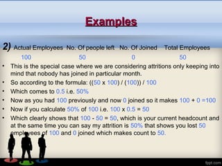 ExamplesExamples
2) Actual Employees No. Of people left No. Of Joined Total Employees
100 50 0 50
• This is the special case where we are considering attritions only keeping into
mind that nobody has joined in particular month.
• So according to the formula: ((50 x 100) / (100)) / 100
• Which comes to 0.5 i.e. 50%
• Now as you had 100 previously and now 0 joined so it makes 100 + 0 =100
• Now if you calculate 50% of 100 i.e. 100 x 0.5 = 50
• Which clearly shows that 100 - 50 = 50, which is your current headcount and
at the same time you can say my attrition is 50% that shows you lost 50
employees of 100 and 0 joined which makes count to 50.
 