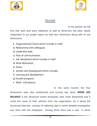 56
DISCUSSION
In this portion we will
find that each and every statement as well as dimension has been clearly
interpreted. In our project report we took four dimensions along with its sub
dimensions.
 Organizational Culture which includes in itself
a) Relationship with colleagues,
b) Leadership style,
c) Flow of communication.
 Job Satisfaction which includes in itself
d) Work Motivation,
e) Stress.
 Growth and Development which includes
f) Learning and development ,
g) Growth prospects.
 Work –Life balance.
In the same manner the four
dimensions were also randomized and scoring was done. WORK LIFE
BALANCE is the dimension where employees were more dissatisfied and it
could the cause of their attrition from the organization. As it being the
structured interview , process of collecting data in which detailed investigation
was done with the employees . Among those there was a case in which
 