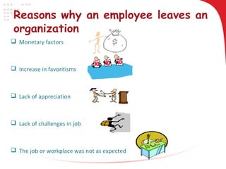 Reasons why an employee leaves an
organization
 Monetary factors

 Increase in favoritisms

 Lack of appreciation

 Lack of challenges in job

 The job or workplace was not as expected

 