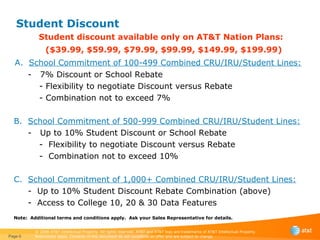 Student Discount A.  School Commitment of 100-499 Combined CRU/IRU/Student Lines: -  7% Discount or School Rebate - Flexibility to negotiate Discount versus Rebate - Combination not to exceed 7% B.   School Commitment of 500-999 Combined CRU/IRU/Student Lines: -  Up to 10% Student Discount or School Rebate -  Flexibility to negotiate Discount versus Rebate -  Combination not to exceed 10%  C.  School Commitment of 1,000+ Combined CRU/IRU/Student Lines: -  Up to 10% Student Discount Rebate Combination (above) -  Access to College 10, 20 & 30 Data Features Page  Student discount available only on AT&T Nation Plans: ($39.99, $59.99, $79.99, $99.99, $149.99, $199.99) Note:  Additional terms and conditions apply.  Ask your Sales Representative for details. 